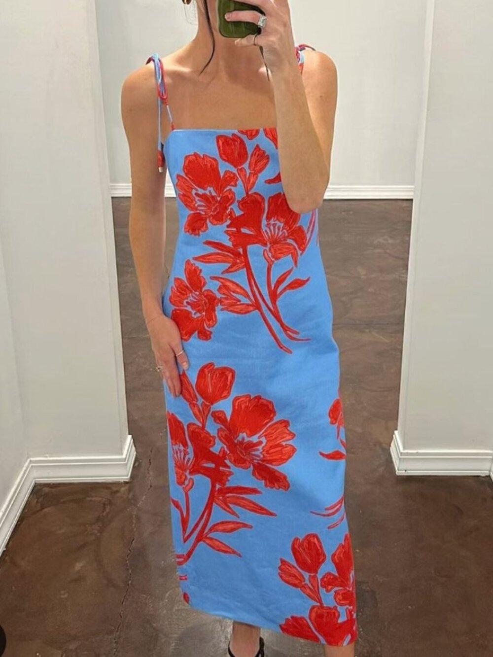 Cara Cara Sky Blue Midi Dress with Bold Red Floral Print